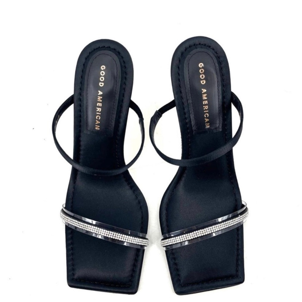 GOOD AMERICAN Open Square Toe Rhinestone Strappy Heels Black Satin Size 5.5 NIB‎ - Picture 4 of 10